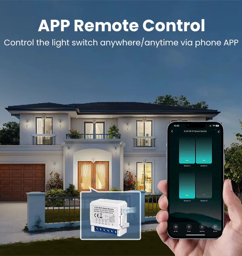 Tuya WiFi Smart Switch Module 1/2/3/4CH Supports 2 Way Control App Remote Control DIY Light Switch Module 100-240V Work with Alexa Google Home