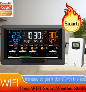 Tuya WIFI Smart Weather Station Color Screen APP Control Weather Alarm Clock Indoor and Outdoor Temperature Humidity Meter FJ3390TY