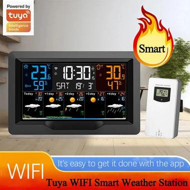 Tuya WIFI Smart Weather Station Color Screen APP Control Weather Alarm Clock Indoor and Outdoor Temperature Humidity Meter FJ3390TY