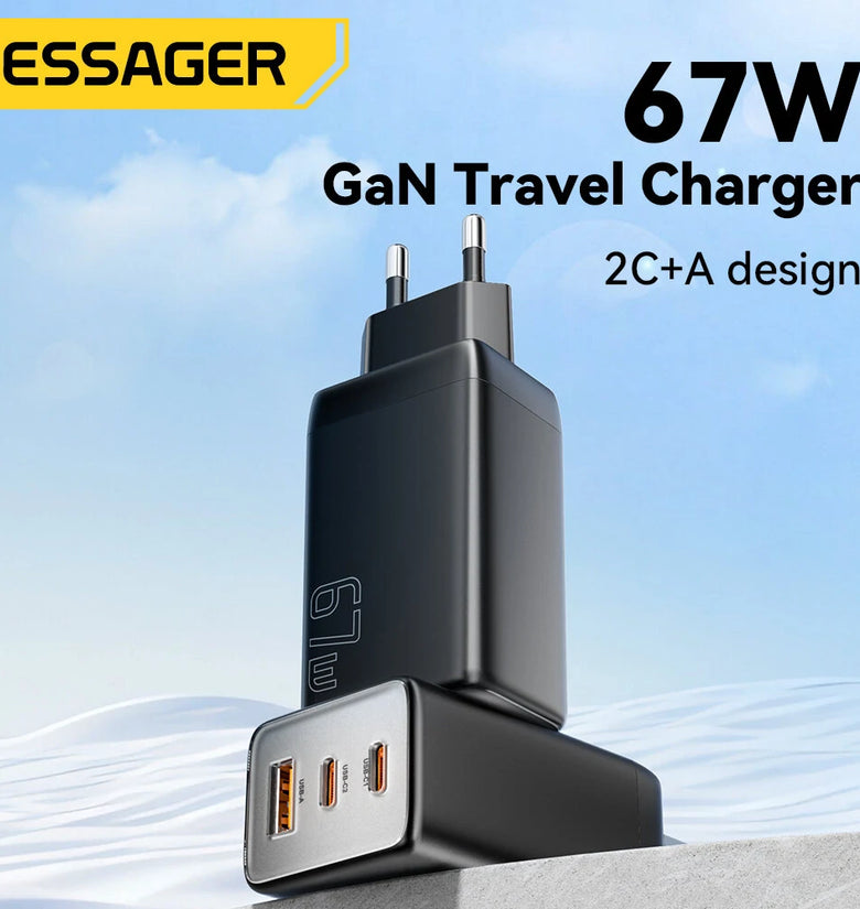 [GaN Tech] ESSAGER 67W 3-Port USB PD Charger 2USB-C+USB-A QC3.0 2.0 PD AFC FCP SCP BC1.2 DCP Apple2.4A Fast Charging Wall Charger Adapter EU Plug for iPhone 15 14 13 for Xiaomi 14pro for Huawei Pura 70 Ultra for Samsung Galaxy S24
