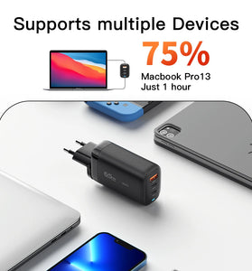 [GaN Tech] Essager 65W 3-Port USB PD Charger 2Type-C+USB-A PD3.0 QC3.0 Fast Charging Wall Charger Adapter EU Plug US Plug UK Plug for iPhone 13 14 14Pro 14Pro Max for Samsung Galaxy S23 for Oppo Reno9 for Huawei Mate50