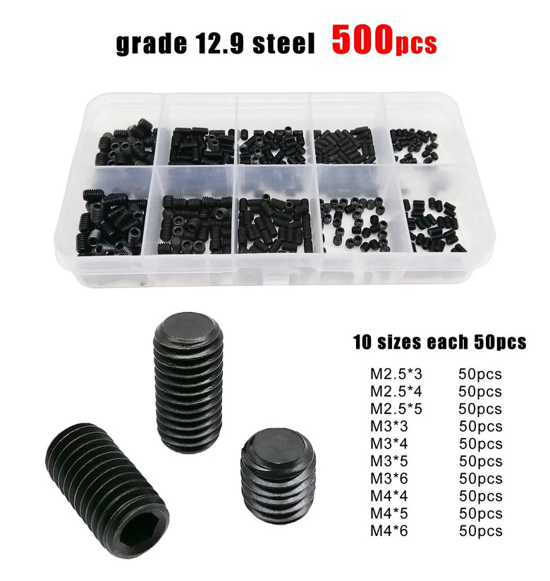 500pcs DIN913 Hex Hexagon Socket Allen Flat Point Set Screw Grub Bolt M2.5 M3 M4 304 A2 Stainless Steel Grade 12.9 Steel Kit with Box