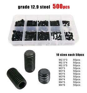 500pcs DIN913 Hex Hexagon Socket Allen Flat Point Set Screw Grub Bolt M2.5 M3 M4 304 A2 Stainless Steel Grade 12.9 Steel Kit with Box