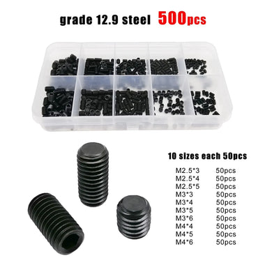 500pcs DIN913 Hex Hexagon Socket Allen Flat Point Set Screw Grub Bolt M2.5 M3 M4 304 A2 Stainless Steel Grade 12.9 Steel Kit with Box