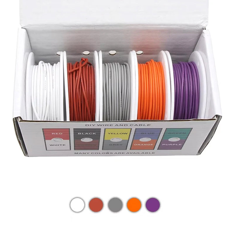 5 Colors Mix Box 4M/roll Electirc Wire 16/17AWG Super Soft Silicone Wire Heat Resistant Flexible Tinned Copper Stranded Cable DIY White Brown Gray Orange Purple