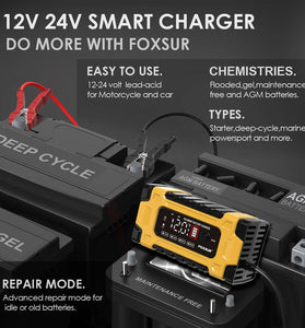 FOXSUR 12V 24V 10A Battery Charger with Intelligent Repair Screen Display for Cars and Motorcycles