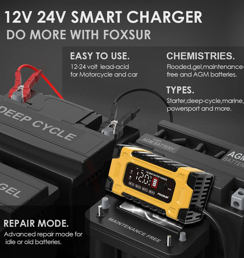 FOXSUR 12V 24V 10A Battery Charger with Intelligent Repair Screen Display for Cars and Motorcycles