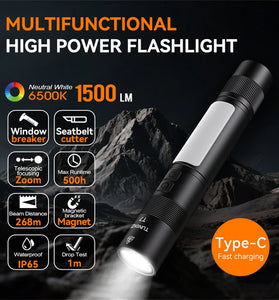 TUNENGE T7 Multifunctional 1500 Lumen Rechargeable LED Flashlight with Side Light Adjustable Camping Stand for Outdoor Adventures Camping Riding LED Torch Work Light