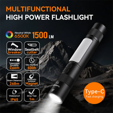 TUNENGE T7 Multifunctional 1500 Lumen Rechargeable LED Flashlight with Side Light Adjustable Camping Stand for Outdoor Adventures Camping Riding LED Torch Work Light