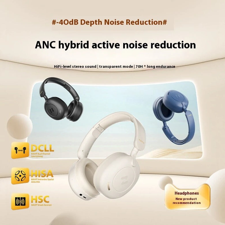Havit H655BT Wireless ANC Headphone bluetooth Headset -40dB Active Noise Cancelling AI Call Noise Reduction 40mm Titanium-plated Diaphragm 70H Playback 38ms Low Game Delay Support 3.5mm Audio On-ear Headphones