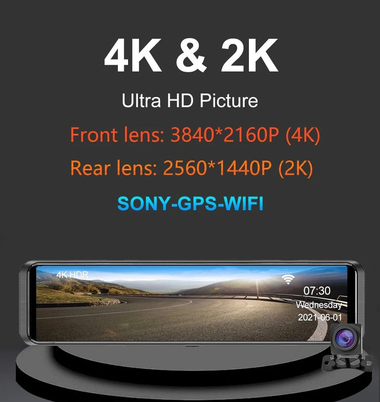 4K+2K Car Rearview Mirror Dash Cam Front Rear Dual Recording with G-Sensor Support Locking Emergency Video