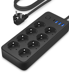 2200W 12-in-1 Multitap Power Strip Socket with 8 AC EU Outlets+3 USB-A+1 USB-C Output Socket with 1.8M AC110-250V Extension Cord Home Office Surge Protector