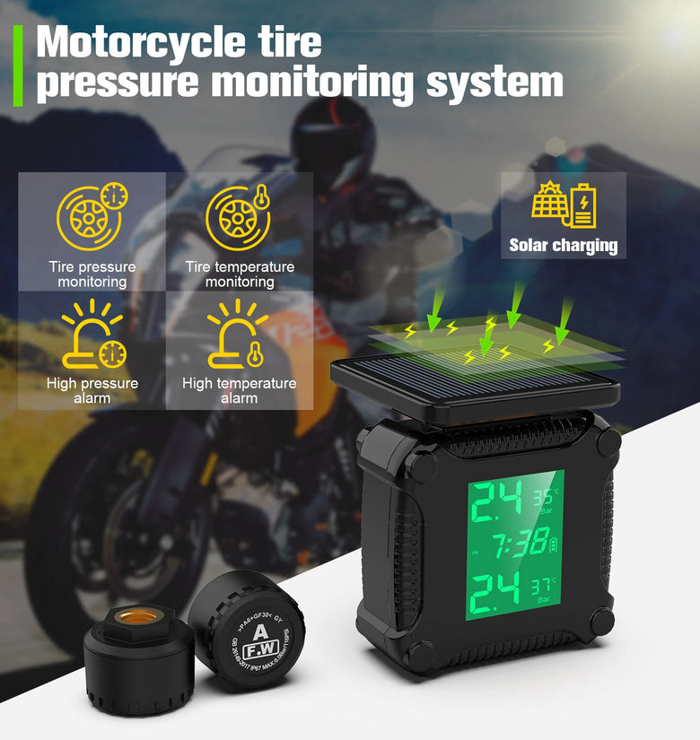 Solar Charging TPMS Motorcycle Tire Pressure System Tyre Temperature Alarm LED Display IP67 Waterproof
