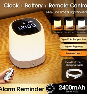 Elfeland Portable Night Light with LED Display Timer Setting Bedside Lamp 2400mAh Rechargeable LED Clock Dimmable Touch Remote Control