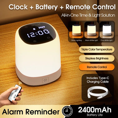 Elfeland Portable Night Light with LED Display Timer Setting Bedside Lamp 2400mAh Rechargeable LED Clock Dimmable Touch Remote Control