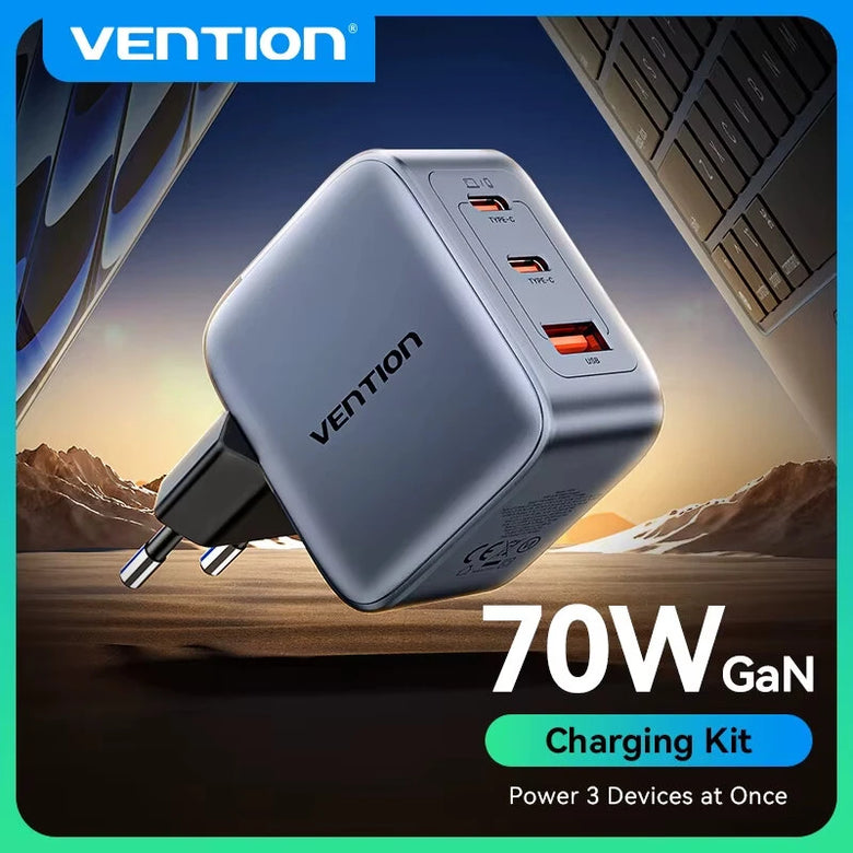 [GaN Tech] Vention 70W 3-Port USB PD Charger USB-A+2USB-C PD3.0 QC4.0 3.0 PPS AFC SCP FCP Apple2.4A BC1.2 Fast Charging Wall Charger Adapter EU Plug for iPhone 16 16 Pro 15 14 13 Pro Max for Huawei Pura X for Xiaomi 15pro for Samsung Galaxy S25 Ultra