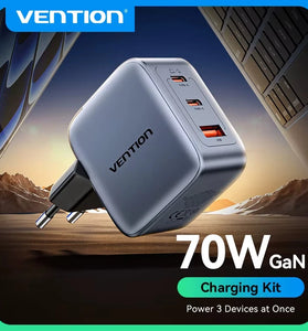 [GaN Tech] Vention 70W 3-Port USB PD Charger USB-A+2USB-C PD3.0 QC4.0 3.0 PPS AFC SCP FCP Apple2.4A BC1.2 Fast Charging Wall Charger Adapter EU Plug for iPhone 16 16 Pro 15 14 13 Pro Max for Huawei Pura X for Xiaomi 15pro for Samsung Galaxy S25 Ultra