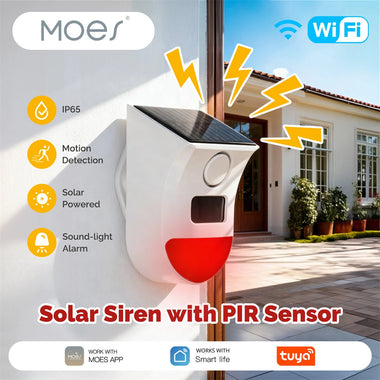 MOES Tuya Smart Outdoor Siren Alarm 120dB Solar Powered WiFi Siren with Remote PIR Sensor IP65 Waterproof Works with Alexa Google Home Smart Security Alarms