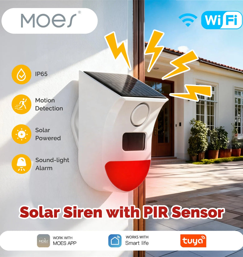 MOES Tuya Smart Outdoor Siren Alarm 120dB Solar Powered WiFi Siren with Remote PIR Sensor IP65 Waterproof Works with Alexa Google Home Smart Security Alarms