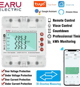 380V 100A Tuya Smart WiFi 3 Phase Bi-Directional Energy Power kWh Meter Over Under Voltage Protector Relay Switch Current Limit Work with Alexa Google Assistant