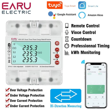 380V 100A Tuya Smart WiFi 3 Phase Bi-Directional Energy Power kWh Meter Over Under Voltage Protector Relay Switch Current Limit Work with Alexa Google Assistant