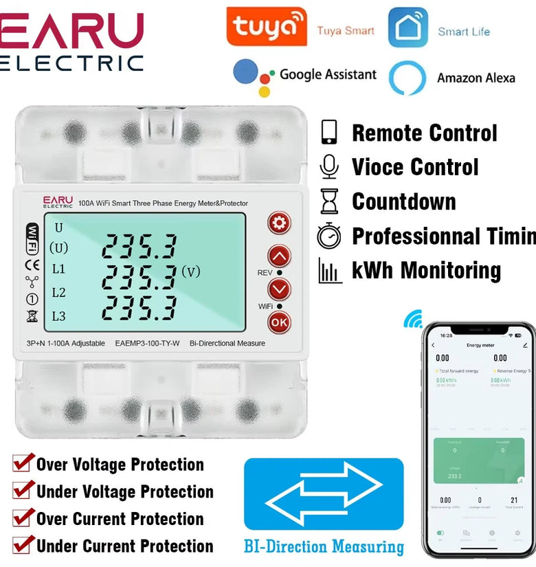380V 100A Tuya Smart WiFi 3 Phase Bi-Directional Energy Power kWh Meter Over Under Voltage Protector Relay Switch Current Limit Work with Alexa Google Assistant