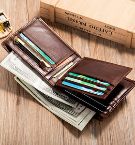 Ekphero Men's Retro Genuine Leather Short Wallet RFID Blocking Horizontal Money Clip Multi-card Slot Card Holder Anti-theft Brush Coin Purse