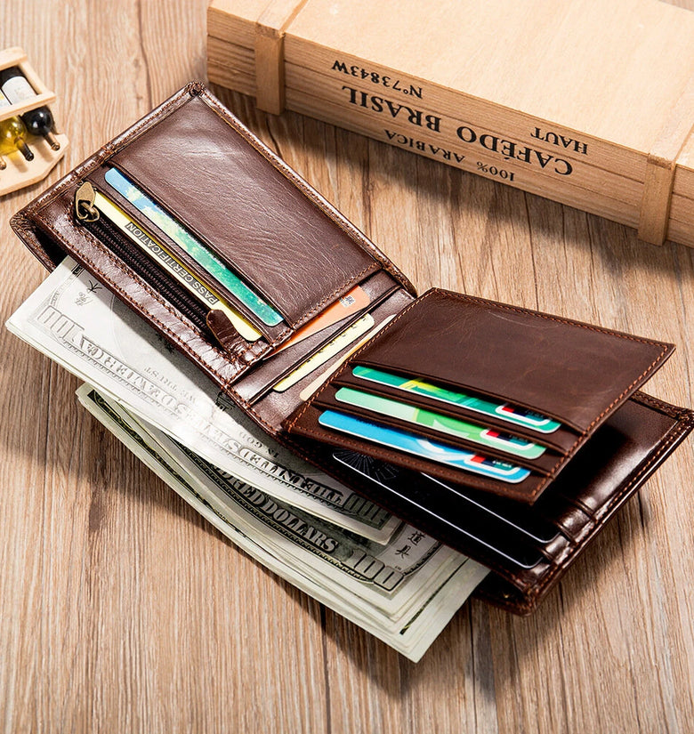 Ekphero Men's Retro Genuine Leather Short Wallet RFID Blocking Horizontal Money Clip Multi-card Slot Card Holder Anti-theft Brush Coin Purse
