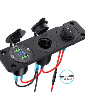 12V 3 in 1 Car Charger Socket Waterproof Dual USB QC3.0 Outlet Panel Toggle Switch Voltmeter for RV Marine Boat