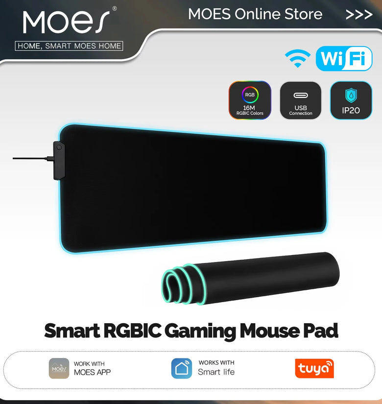 MOES WL6606 Tuya WiFi Smart RGBIC Gaming Mouse Pad 16 Million Color Light DIY Atmosphere Desk Carpet Waterproof Mat for Gaming PC Computer