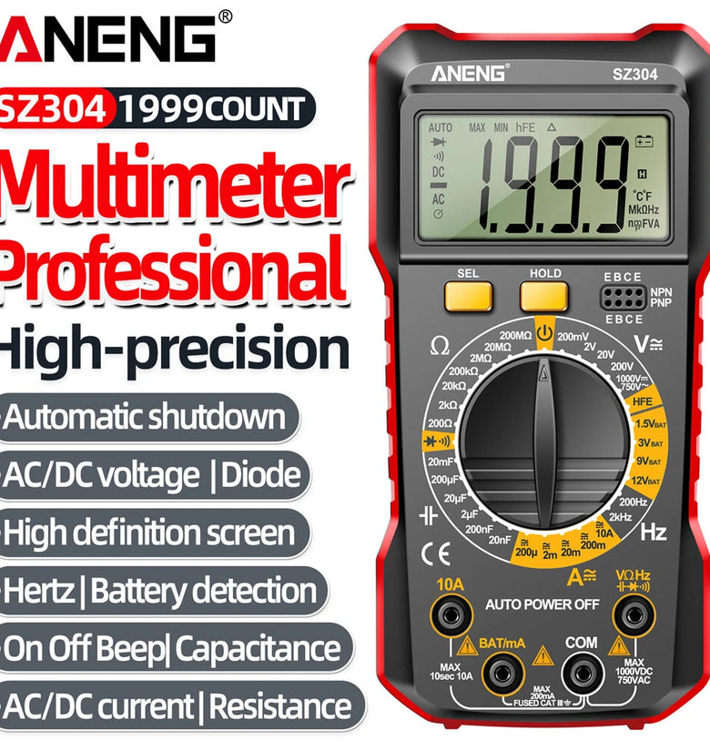 ANENG SZ304 Digital Multimeter, ABS Body, Accurate Measurement of Voltage Current Resistance Capacitance Frequency with Diode Data Retention & Automatic Shutdown Essential Tool for Electrical Testing and Troubleshooting