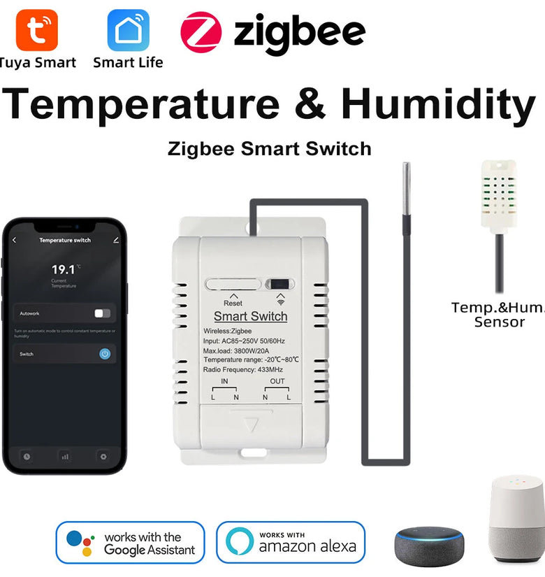 Tuya Zigbe Smart Temperature Humidity Switch Controller 20A 3800W with Waterproof Sensor Automation Timer APP Remote Voice Control with Alexa Google Home