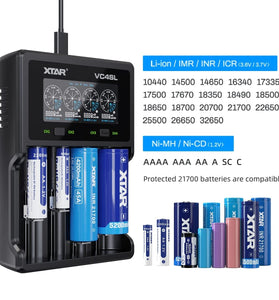 XTAR VC4SL Intellegent LCD Battery Charger USB C QC3.0 Fast Charge 1.2V Ni-MH AAA AA Batteries Rechargeable Li ion 18650 21700 Battery Charger