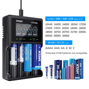 XTAR VC4SL Intellegent LCD Battery Charger USB C QC3.0 Fast Charge 1.2V Ni-MH AAA AA Batteries Rechargeable Li ion 18650 21700 Battery Charger