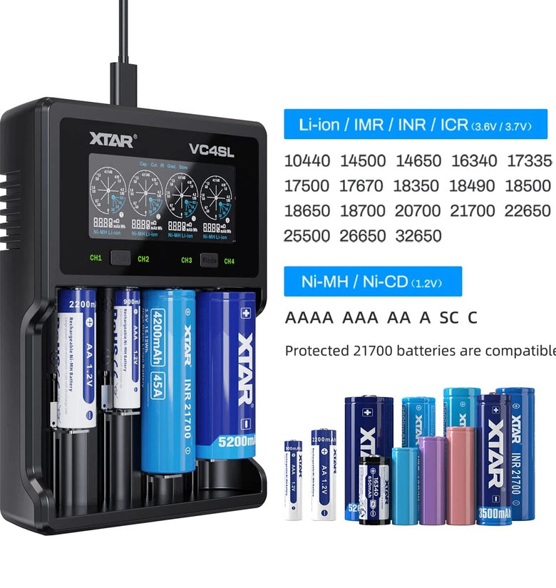 XTAR VC4SL Intellegent LCD Battery Charger USB C QC3.0 Fast Charge 1.2V Ni-MH AAA AA Batteries Rechargeable Li ion 18650 21700 Battery Charger