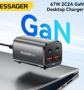 [GaN Tech] ESSAGER ES-CD35 67W 4-Port USB PD Charger 2USB-A+2USB-C PD3.0 QC4.0 AFC FCP SCP PPS BC1.2 DCP Apple2.4A Fast Charging Wall Charger Adapter EU Plug US Plug with 1M C8 Power Cable