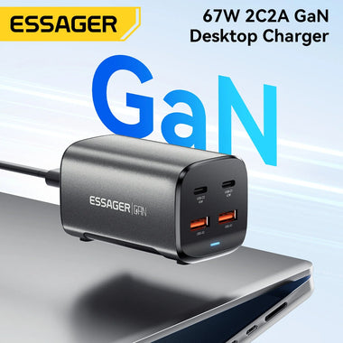[GaN Tech] ESSAGER ES-CD35 67W 4-Port USB PD Charger 2USB-A+2USB-C PD3.0 QC4.0 AFC FCP SCP PPS BC1.2 DCP Apple2.4A Fast Charging Wall Charger Adapter EU Plug US Plug with 1M C8 Power Cable