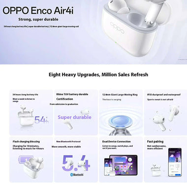 OPPO Enco Air4i TWS Earbuds Wireless bluetooth 5.4 Earphone 12.4mm Large Moving Coil Deep Bass 54H Playback Low Game Delay IP55 Waterproof In-ear Sports Headphones