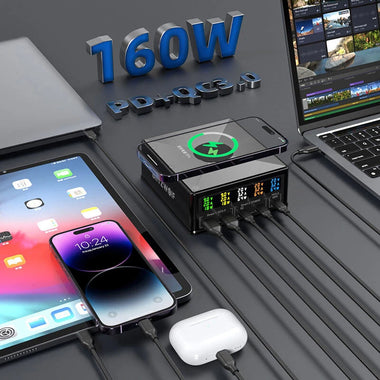 BlitzWolf 868H 160W 5-Port USB PD Desktop Charger Dual USB-A QC3.0+Dual PD65W Type-C+65W Type-C PD3.0 with 15W 10W 7.5W 5W Wireless Fast Charger for iPhone 14 14 Pro Max for Samsung Galaxy Z Fold 4 S22 Ultra