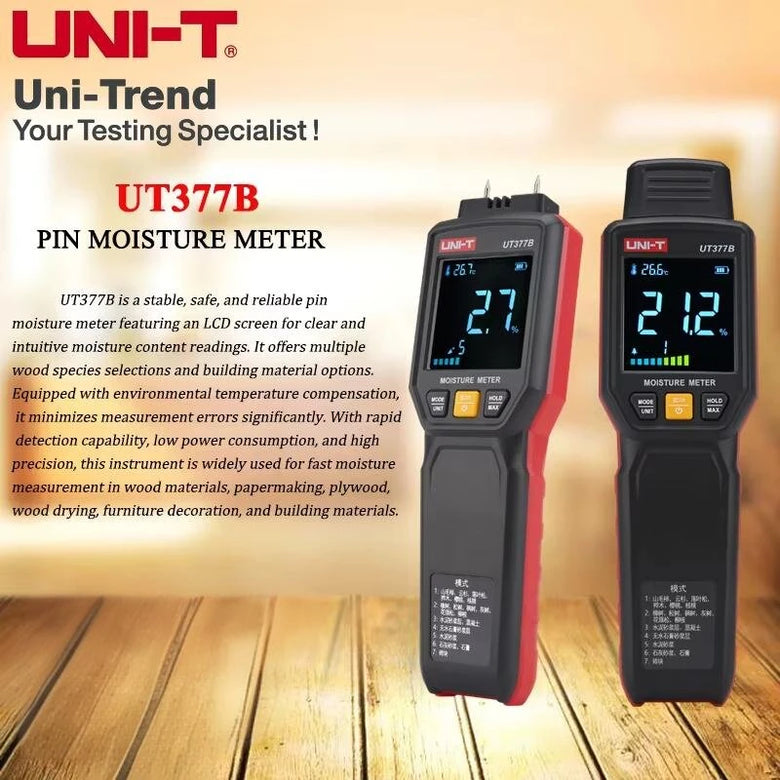 UNI-T UT377B Moisture Tester Multipurpose Moisture Meter for Wood and Building Materials with High Precision LED Flashlight Audible Alarm Drop Protection Accurate Measurement