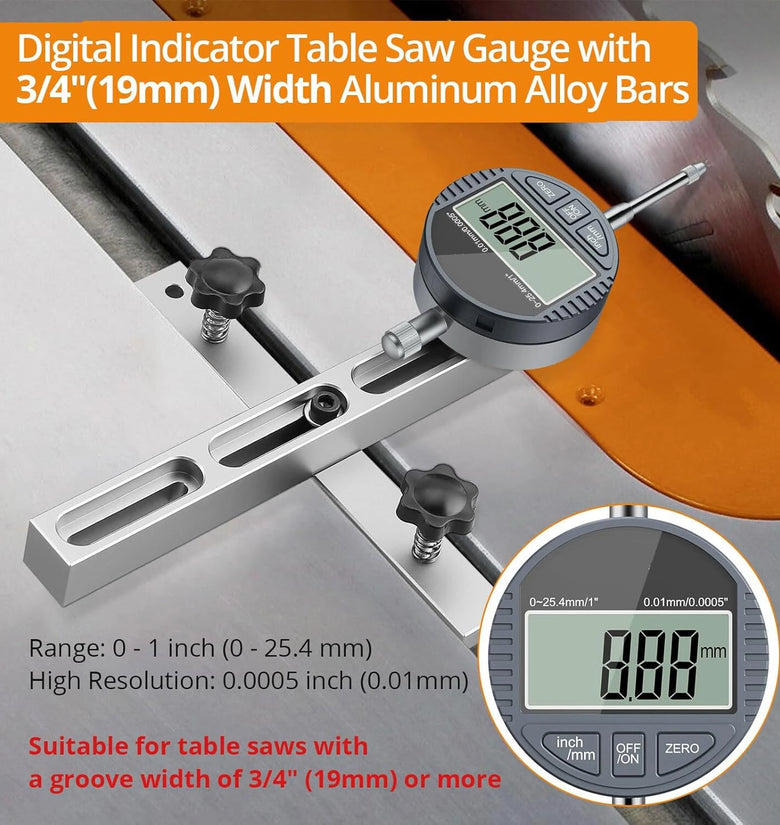 0-1Inch Digital Dial Indicator Table Saw Gauge Suitable for Table Saws with a Slot Width of 3/4