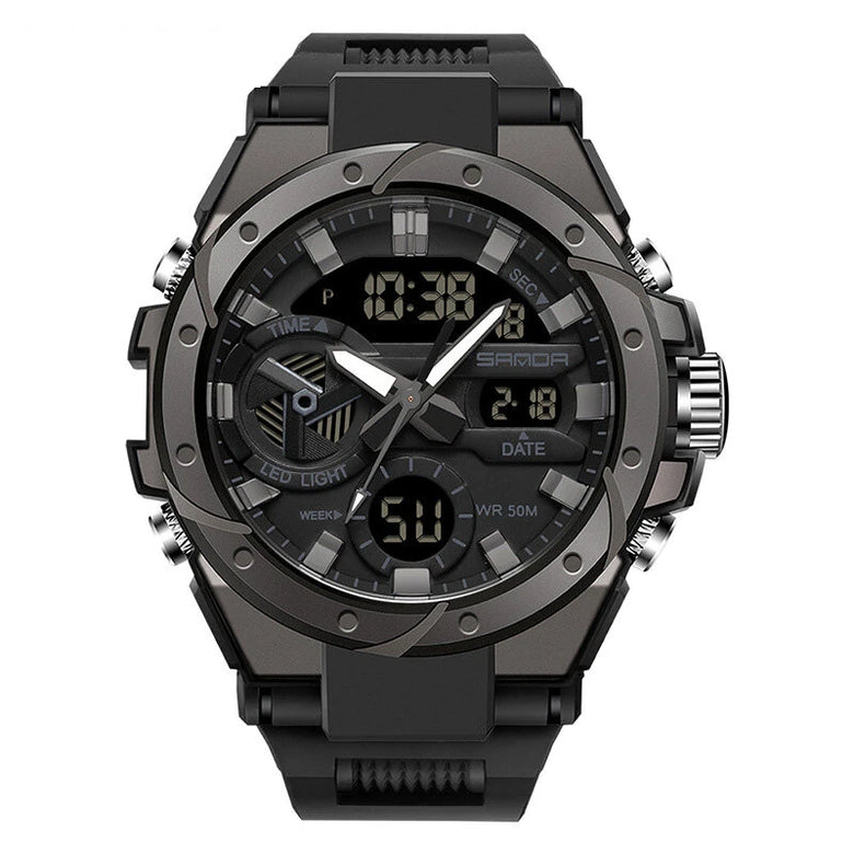 SANDA Men Quartz Watch Waterproof Sport Wristwatches Multifunctional Outdoor Luminous Electronic Watch - Dual Display, Calendar, Alarm Clock, Stopwatch