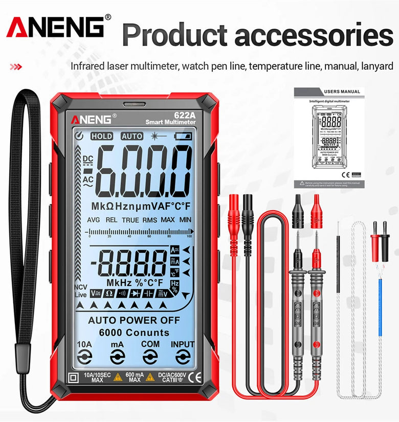 ANENG 622A Digital Smart Multimeter 10A Tester Meter Auto Range True RMS DC/AC 6000 Multitester With Laser Lamp Capacitance Ohm