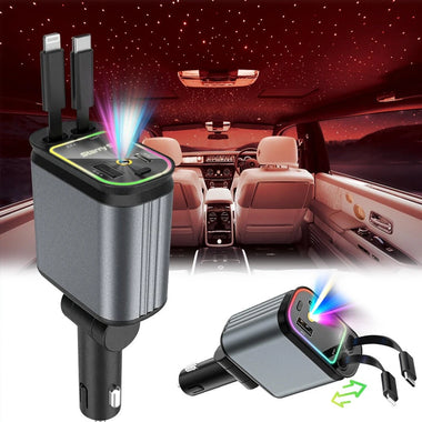 4 in 1 High Power 66W Super Fast Retractable Car Charger with Star Projector Night Light Car Mood Light for iOS and Android