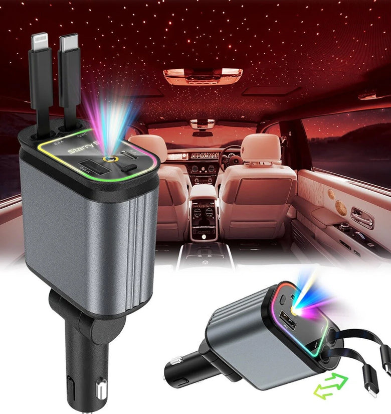 4 in 1 High Power 66W Super Fast Retractable Car Charger with Star Projector Night Light Car Mood Light for iOS and Android