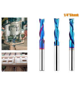 3PCS 1/4 Inch Shank Tungsten Steel Nano Blue Spiral Router Bits Up Cut Down Cut Compression Router Bit for Wood Cutting / Slot Mortise / Engraving