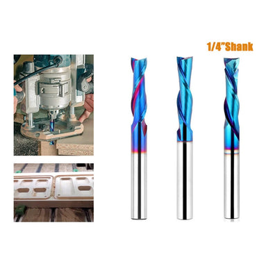 3PCS 1/4 Inch Shank Tungsten Steel Nano Blue Spiral Router Bits Up Cut Down Cut Compression Router Bit for Wood Cutting / Slot Mortise / Engraving