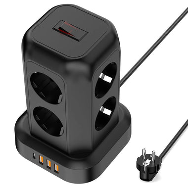 T13 10A 2200W 12-in-1 Vertical Tower Power Strip with 8 AC Outlets+3USB-A+1USB-C and 1.8M Extension Cord Surge Protection for Home Office AC100-250V