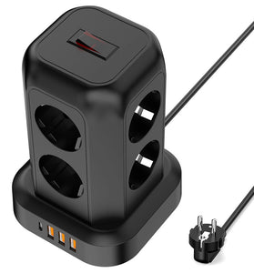 T13 10A 2200W 12-in-1 Vertical Tower Power Strip with 8 AC Outlets+3USB-A+1USB-C and 1.8M Extension Cord Surge Protection for Home Office AC100-250V