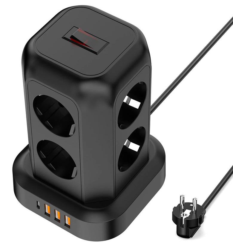 T13 10A 2200W 12-in-1 Vertical Tower Power Strip with 8 AC Outlets+3USB-A+1USB-C and 1.8M Extension Cord Surge Protection for Home Office AC100-250V